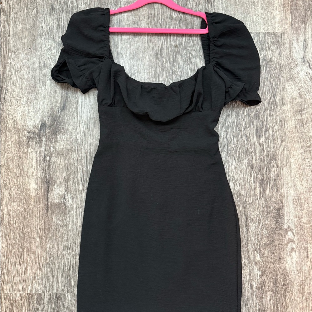Black Puff Sleeve Mini Dress with Square Neck